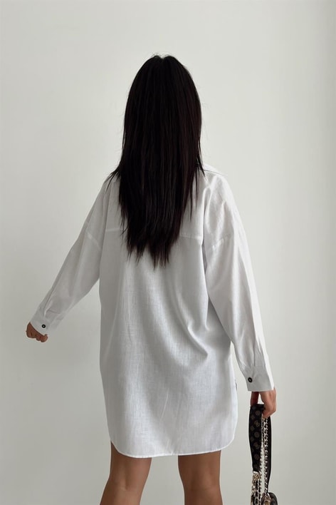 Çift Cepli Keten Gömlek Beyaz