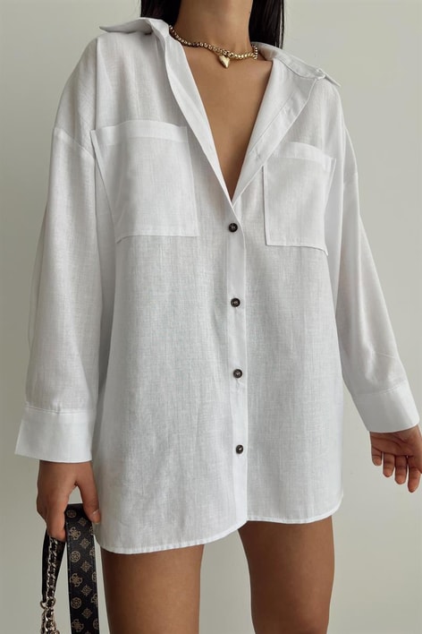 Çift Cepli Keten Gömlek Beyaz