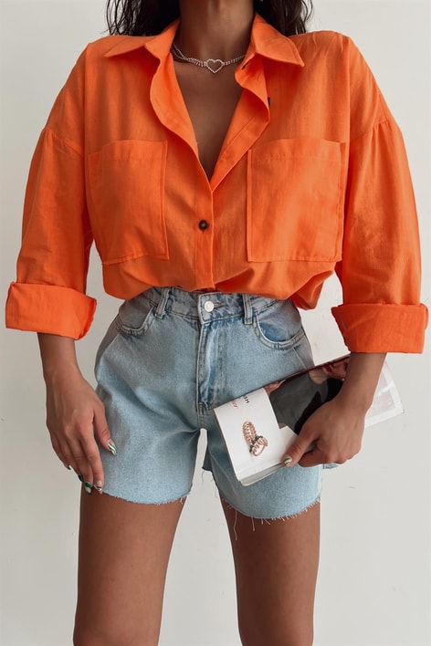 Çift Cepli Keten Gömlek Oranj