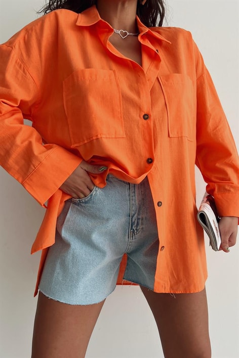 Çift Cepli Keten Gömlek Oranj