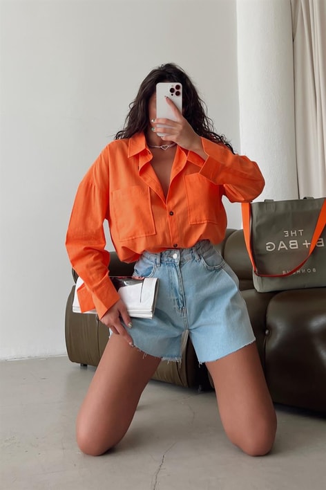 Çift Cepli Keten Gömlek Oranj