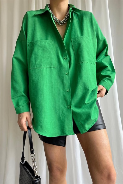 Çift Cepli Uzun Basic Gömlek Benetton Yeşili