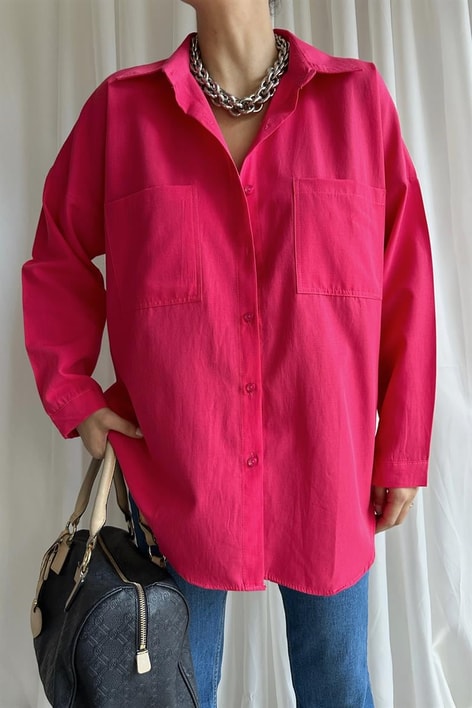 Çift Cepli Uzun Basic Gömlek Fuşya