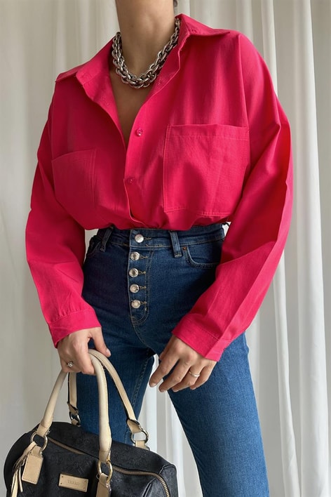 Çift Cepli Uzun Basic Gömlek Fuşya