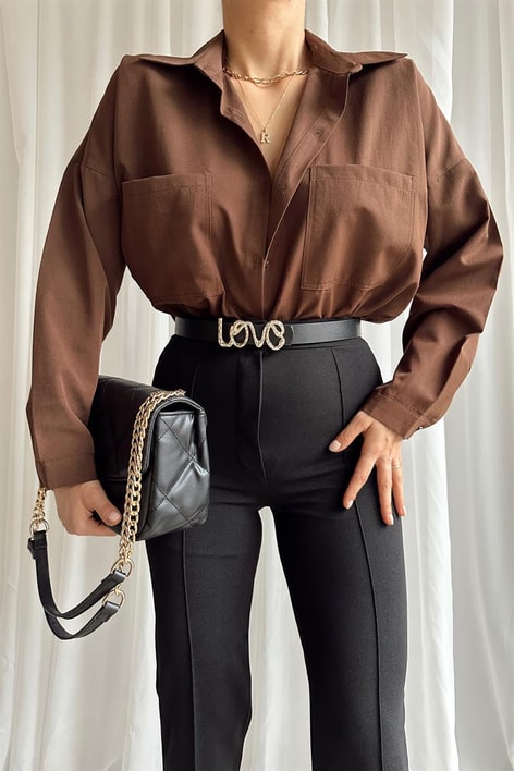 Çift Cepli Uzun Basic Gömlek Kahve