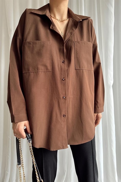 Çift Cepli Uzun Basic Gömlek Kahve