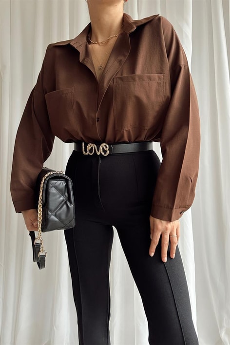 Çift Cepli Uzun Basic Gömlek Kahve