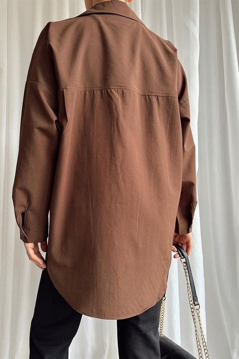 Çift Cepli Uzun Basic Gömlek Kahve
