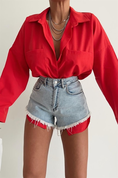 Çift Cepli Uzun Basic Gömlek Kırmızı