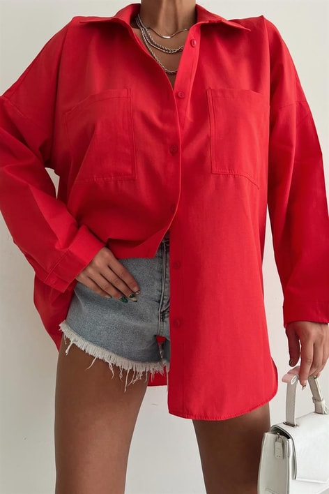 Çift Cepli Uzun Basic Gömlek Kırmızı