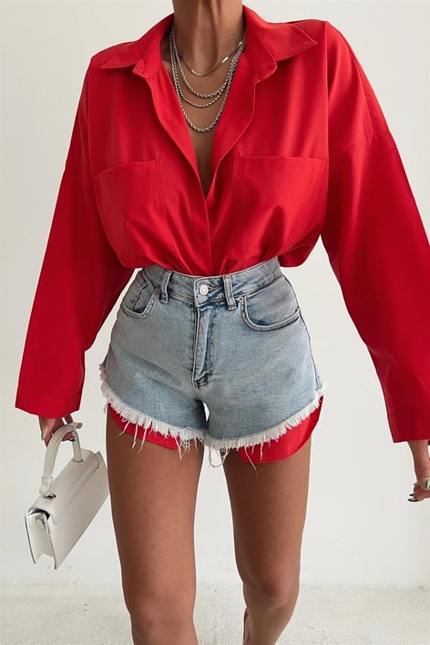 Çift Cepli Uzun Basic Gömlek Kırmızı