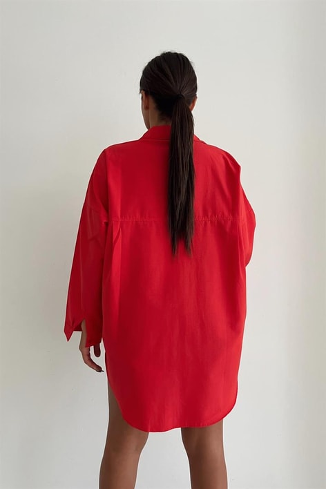 Çift Cepli Uzun Basic Gömlek Kırmızı