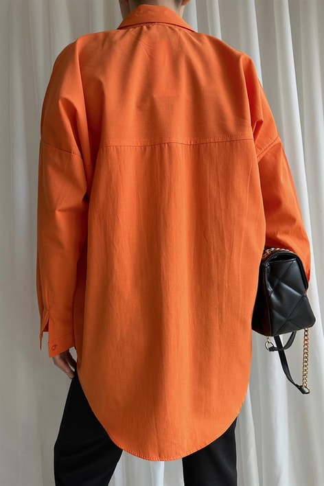 Çift Cepli Uzun Basic Gömlek Oranj