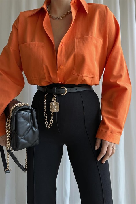 Çift Cepli Uzun Basic Gömlek Oranj