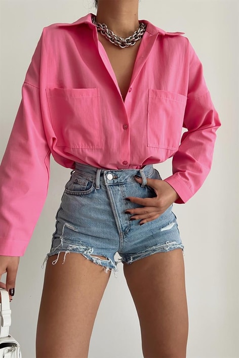 Çift Cepli Uzun Basic Gömlek Pembe