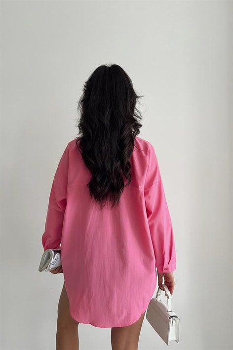 Çift Cepli Uzun Basic Gömlek Pembe