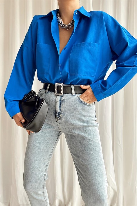 Çift Cepli Uzun Basic Gömlek Saks Mavisi