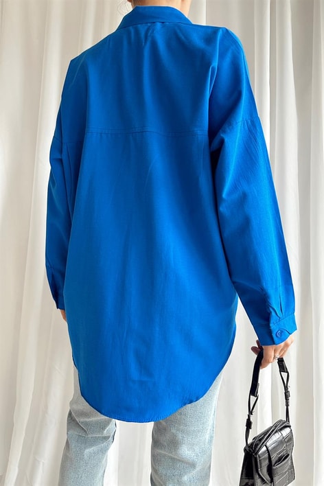 Çift Cepli Uzun Basic Gömlek Saks Mavisi
