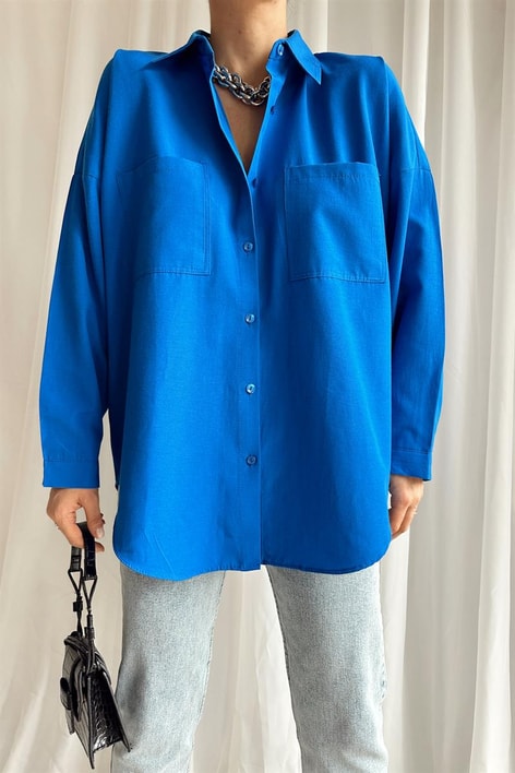 Çift Cepli Uzun Basic Gömlek Saks Mavisi