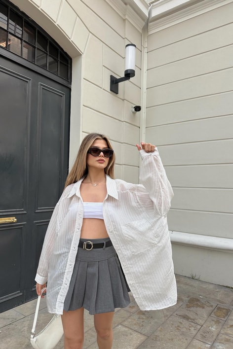 Çizgi Dokulu Gömlek Açık Gri