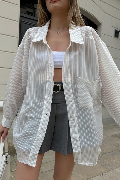 Çizgi Dokulu Gömlek Açık Gri