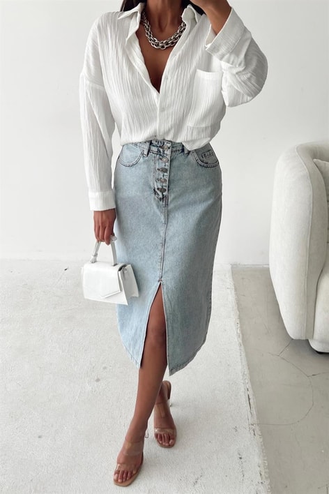 Çizgi Görünümlü Fitil Gömlek Beyaz