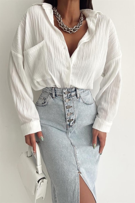 Çizgi Görünümlü Fitil Gömlek Beyaz