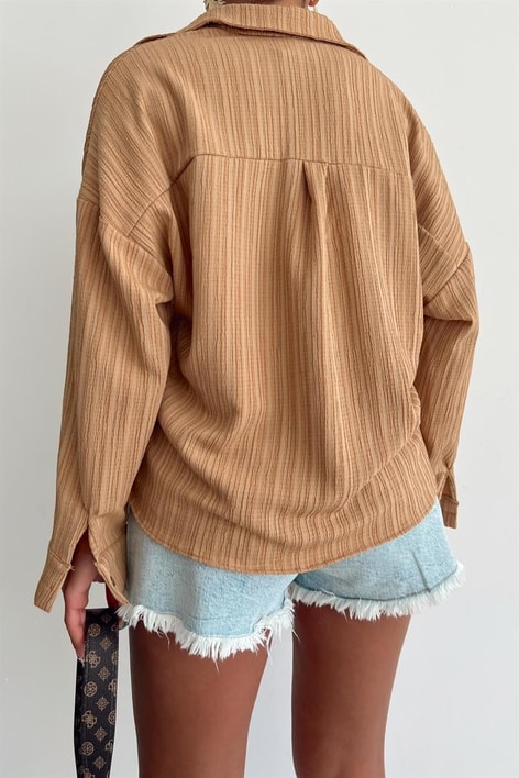 Çizgi Görünümlü Fitil Gömlek Camel