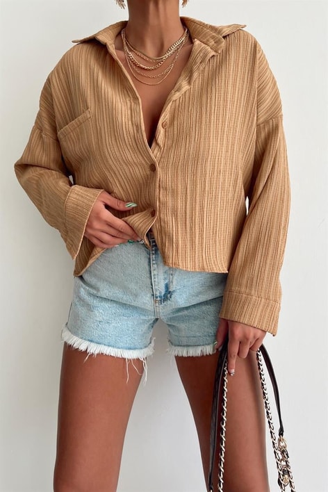 Çizgi Görünümlü Fitil Gömlek Camel