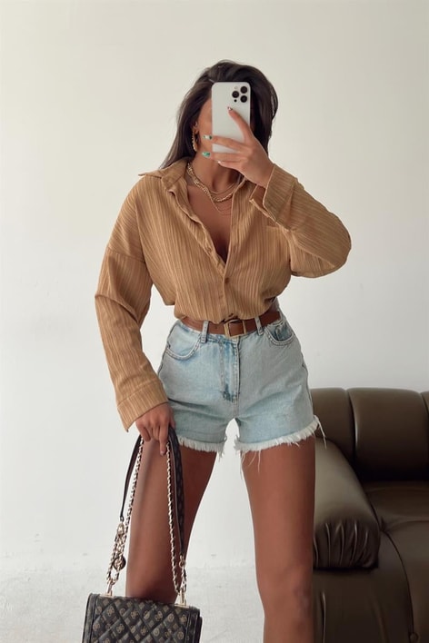 Çizgi Görünümlü Fitil Gömlek Camel