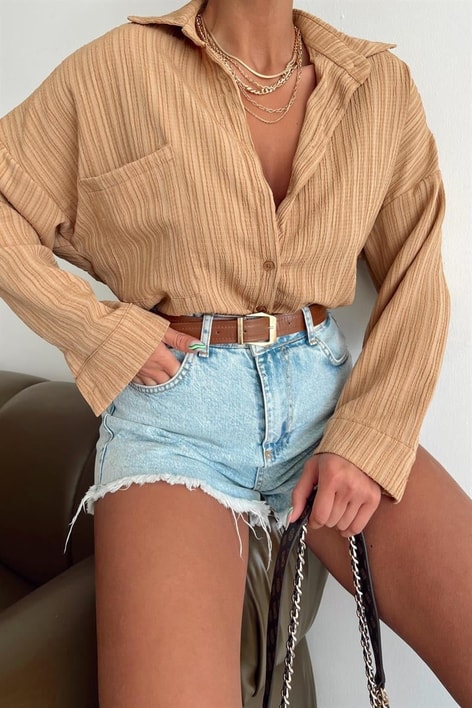 Çizgi Görünümlü Fitil Gömlek Camel