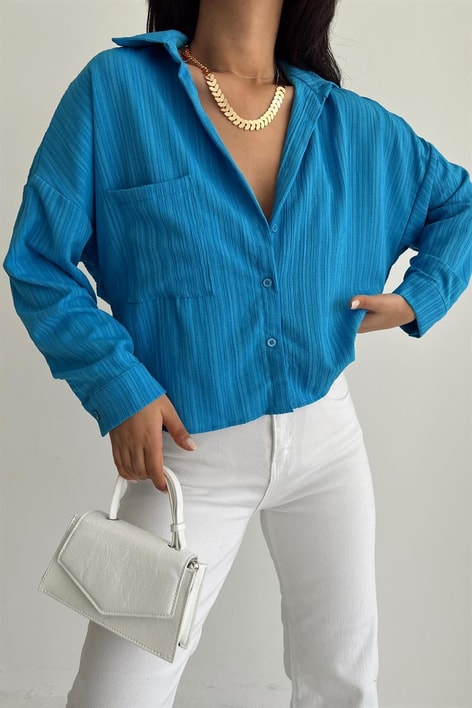 Çizgi Görünümlü Fitil Gömlek Mavi