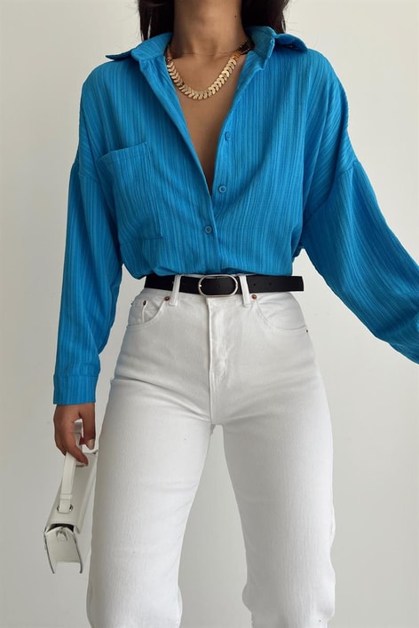 Çizgi Görünümlü Fitil Gömlek Mavi