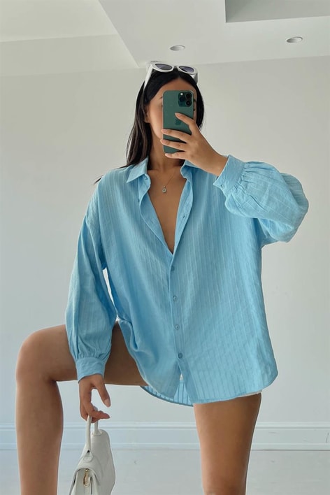 Çizgi İşlemeli Gömlek Mavi