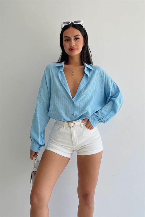 Çizgi İşlemeli Gömlek Mavi