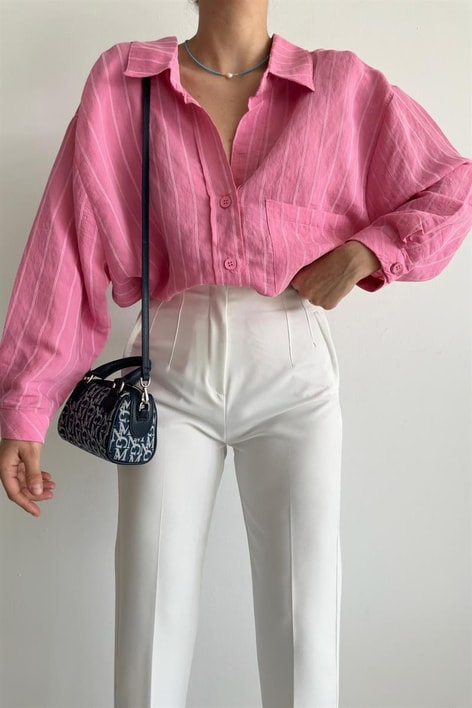 Çizgi İşlemeli Gömlek Pembe