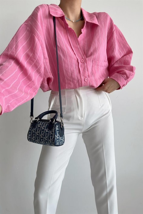 Çizgi İşlemeli Gömlek Pembe