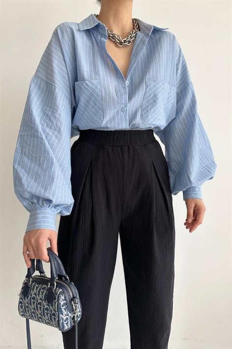 Çizgili Balon Kol Gömlek Bebe Mavi