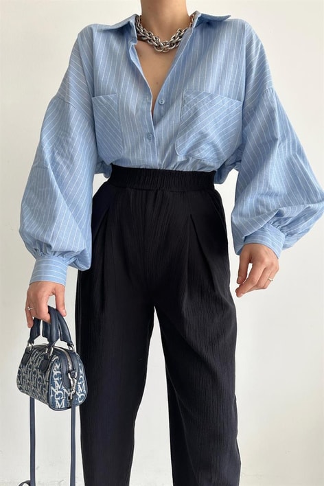 Çizgili Balon Kol Gömlek Bebe Mavi