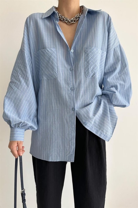 Çizgili Balon Kol Gömlek Bebe Mavi