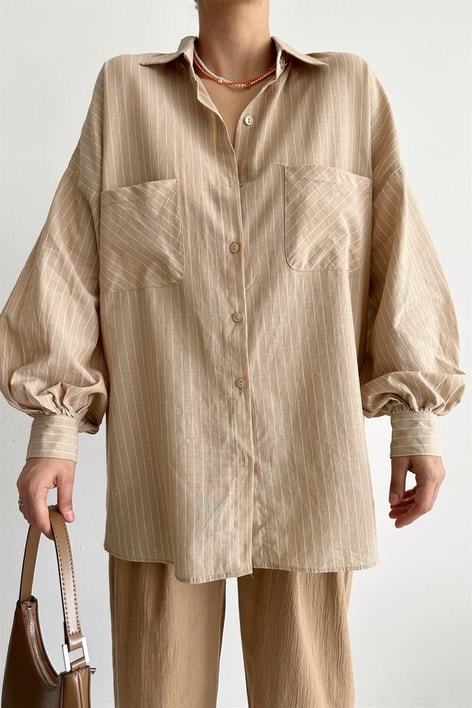 Çizgili Balon Kol Gömlek Taş