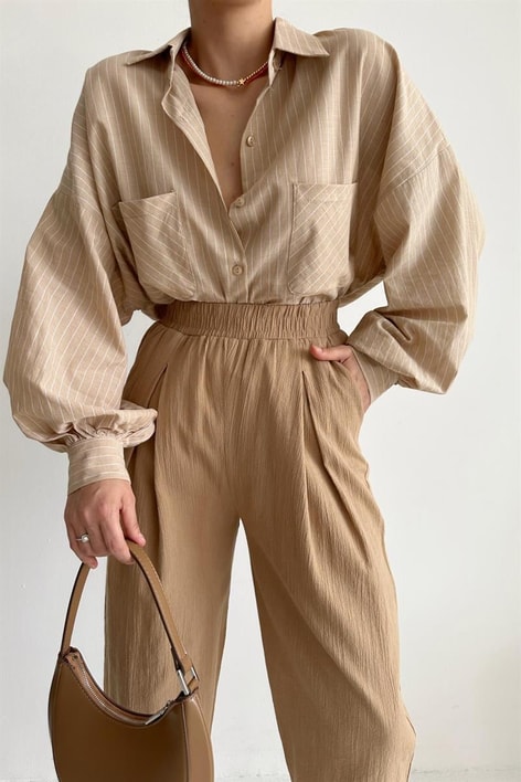 Çizgili Balon Kol Gömlek Taş