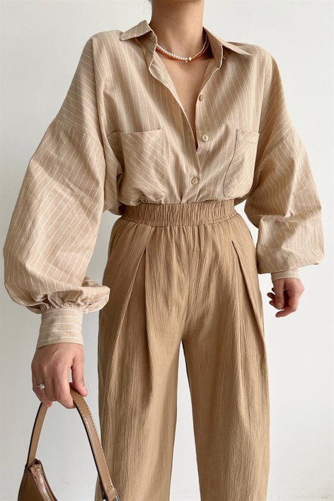 Çizgili Balon Kol Gömlek Taş