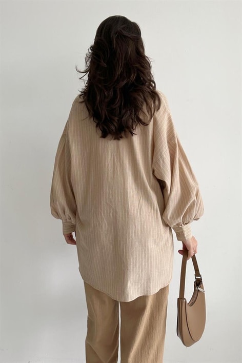 Çizgili Balon Kol Gömlek Taş