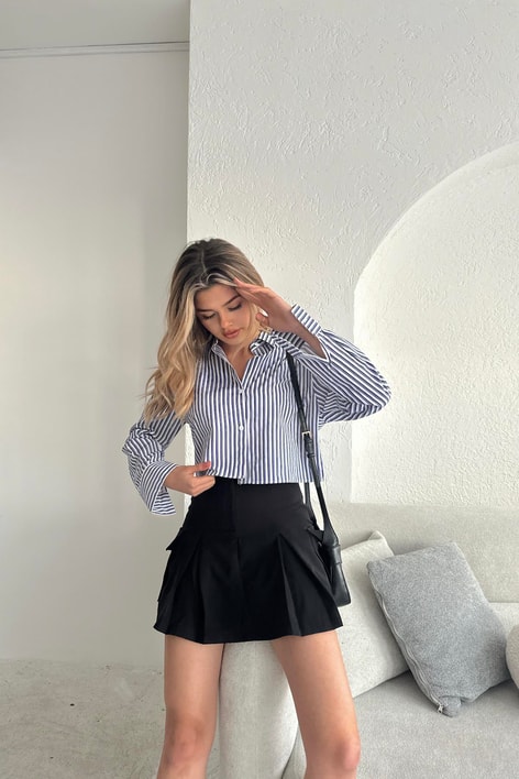 Çizgili Crop Gömlek Lacivert