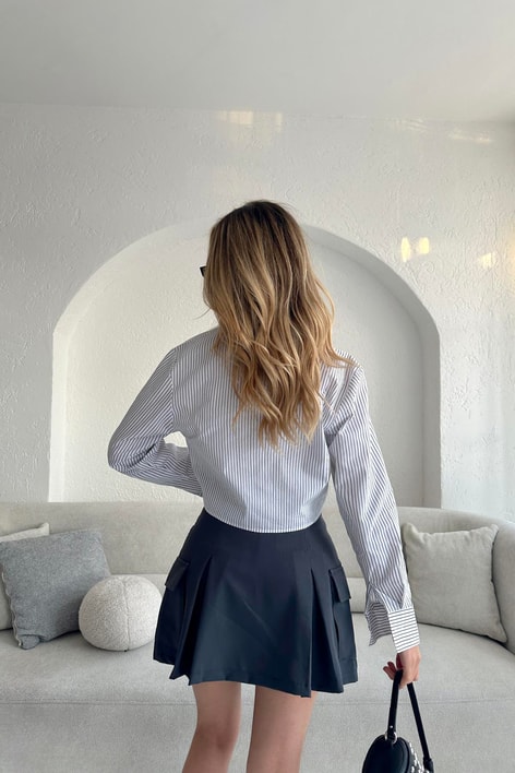 Çizgili Crop Gömlek Siyah