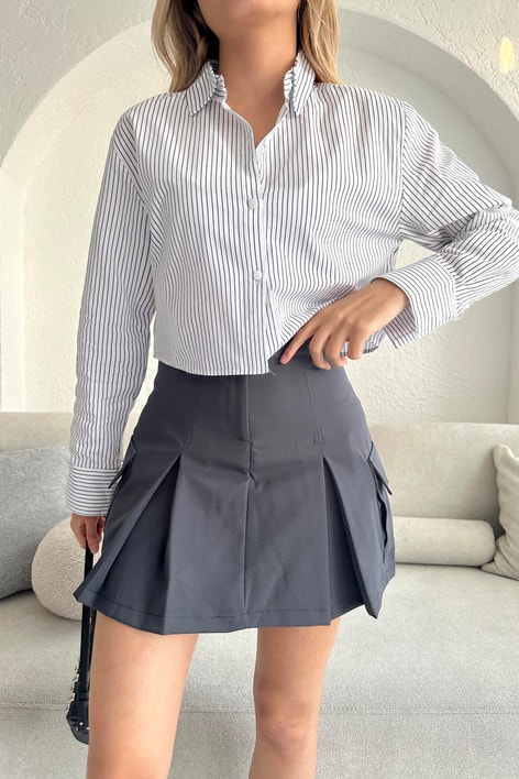 Çizgili Crop Gömlek Siyah