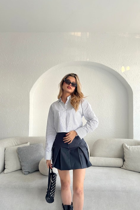 Çizgili Crop Gömlek Siyah