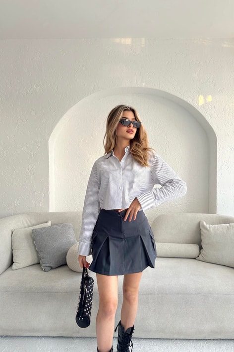 Çizgili Crop Gömlek Siyah