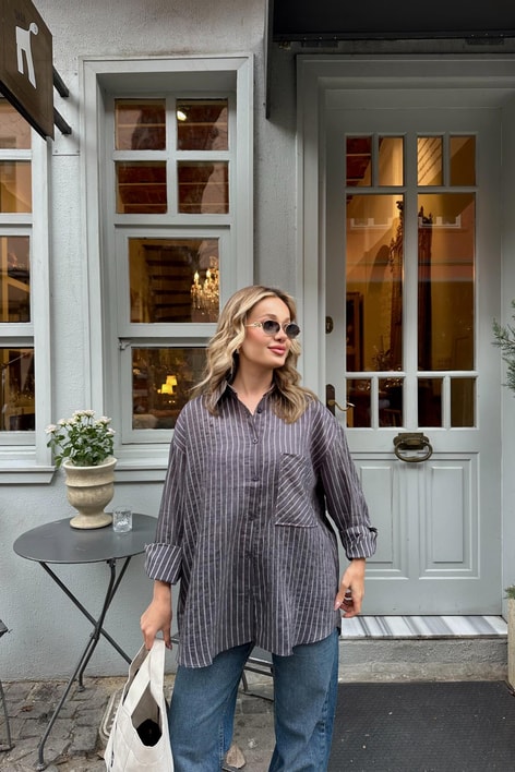 Çizgili Oversize Gömlek Antrasit
